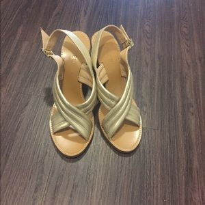 J. Crew Heeled Sandals with Metallic Gold Straps